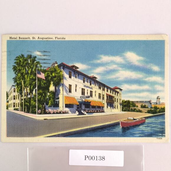 Vintage St Augustine Florida Linen Postcard Hotel Bennett 1946 By-The-Sea Boat - Picture 1 of 2
